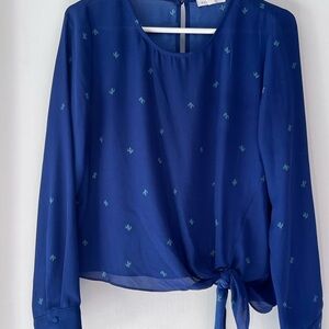 Cobalt Blue Blouse with Mini Cactus Print and Tie Detail